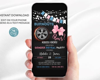 Burnouts or Bows Gender Reveal Invitation | Editable Digital Template | Burnouts or Bows Text Message Baby Shower Invite | Instant Download