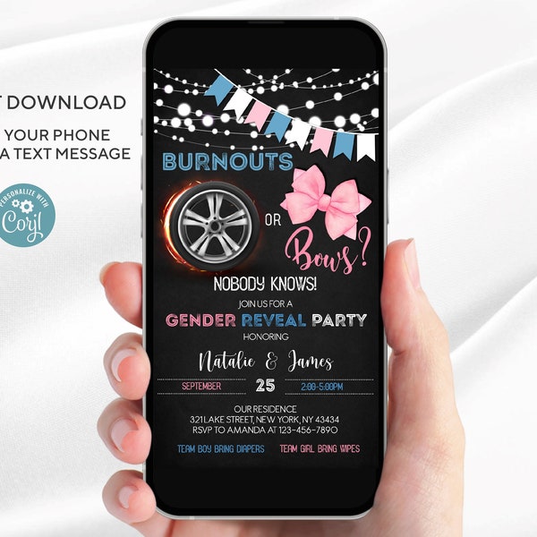 Burnouts or Bows Gender Reveal Invitation | Editable Digital Template | Burnouts or Bows Text Message Baby Shower Invite | Instant Download