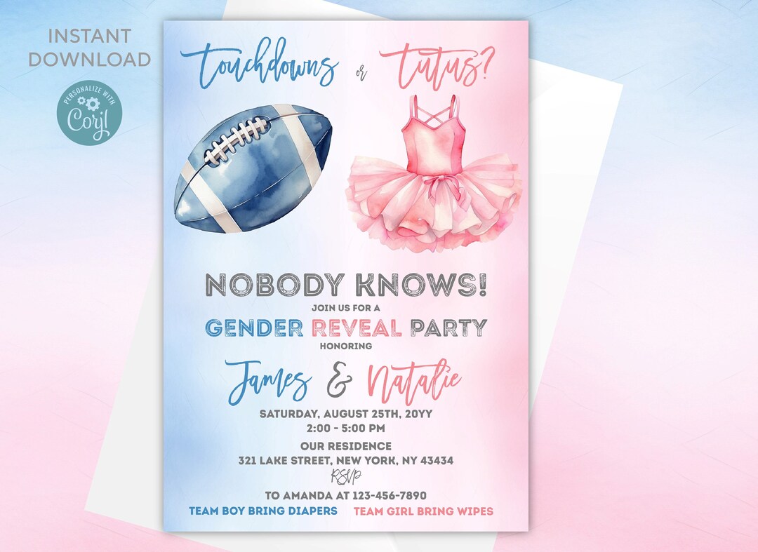 Editable Touchdowns or Tutus Gender Reveal Invitation | Touchdowns or Tutus Digital Template ...