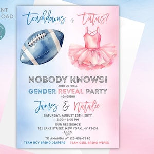 Invito alla rivelazione del sesso del bambino con Touchdown o Tutus: modello modificabile (download digitale)