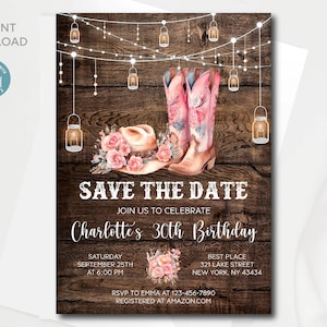Bearbeitbare Western Save the Date Geburtstagseinladung | Cowgirl Geburtstagseinladung Vorlage | Sattel hoch und zieh die Stiefel an | Sofortiger Download