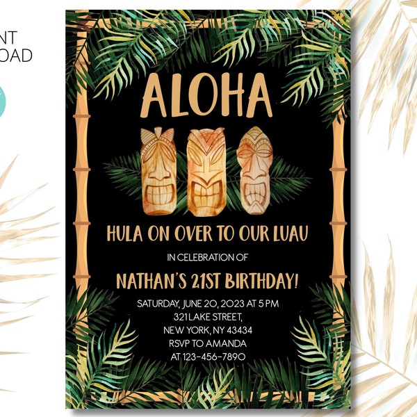 Tiki Luau Birthday Invitation: Editable Aloha Party (Digital Download)