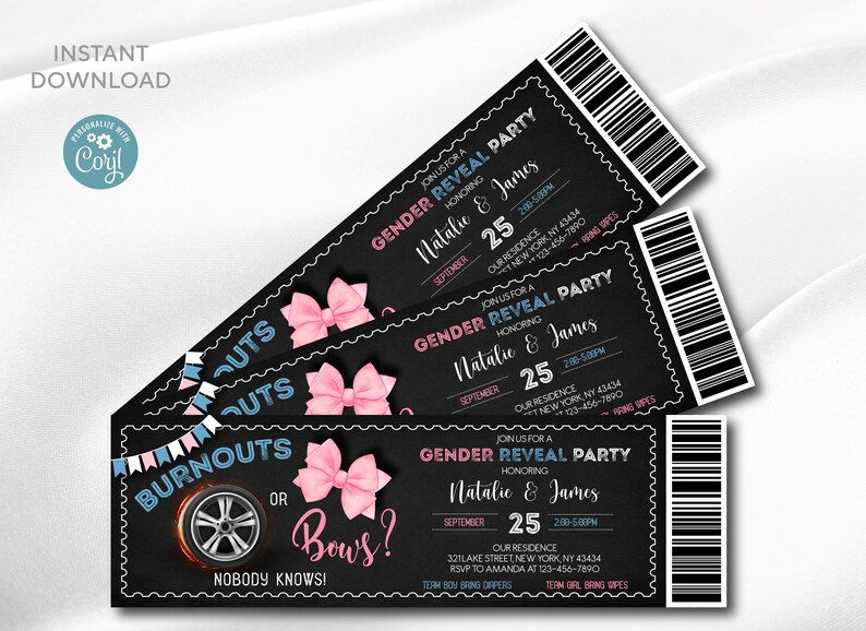May include: Three black and white ticket-shaped invitations for a gender reveal party. The invitations have a chalkboard background with white text. The text reads "Join us for a Gender Reveal Party honoring Natalie & James" with the date "September 25" and the time "2:00-5:00PM". The invitations also have a barcode and the text "Our Residence" and the address. The bottom of the invitations have the text "Team Boy Bring Diapers" and "Team Girl Bring Wipes". The top of the invitations have a blue and pink ribbon with a bow. The bottom of the invitations have a black and white tire with flames and a pink bow.