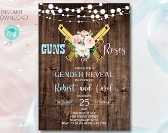 Guns or Roses Gender Reveal Baby Shower Invitation | Editable Gold Guns (Digital Download)