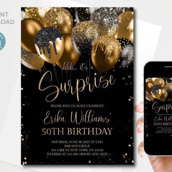 Editable Surprise 50th Birthday invitation digital | Editable Template | Any Age | Black Gold Glitter Sparkle Balloons | Printable