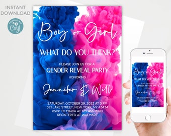 Boy or Girl Gender Reveal Baby Shower Invitation | Editable Template | All text is editable | Yourself editable Corjl | Instant Download