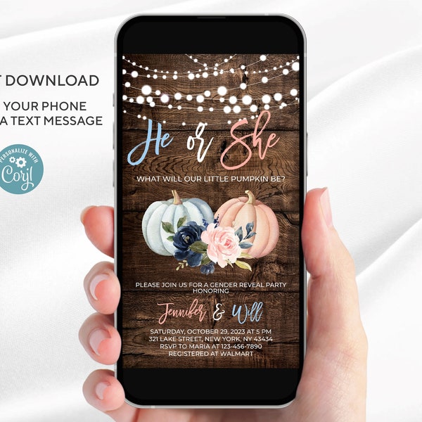 Electronic He or She Gender Reveal Baby Shower Invitation with blue and pink pumpkins and wood background for any smartphone