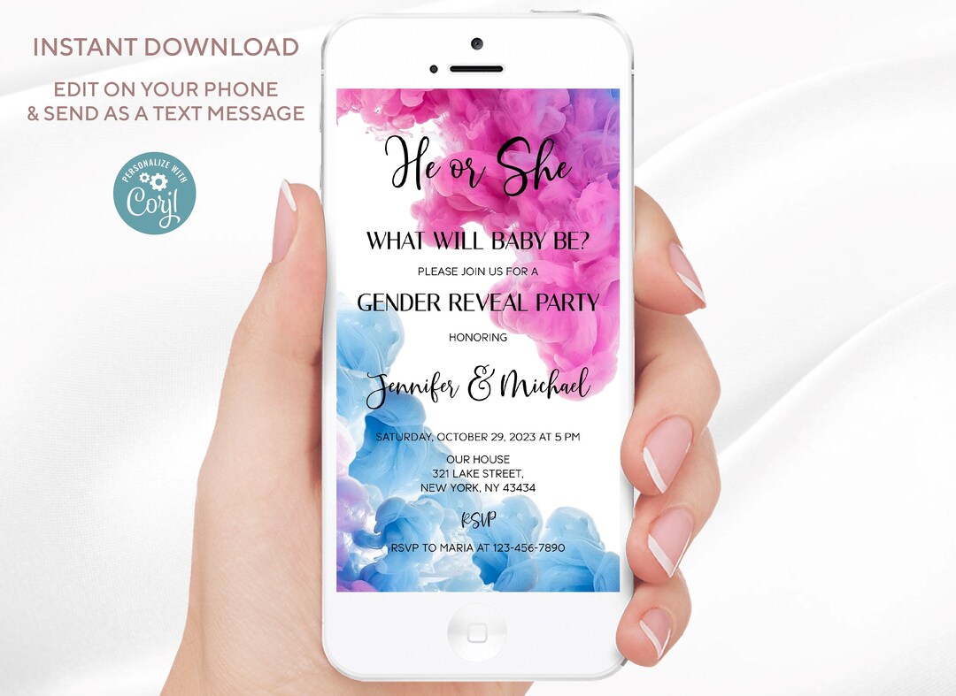 He or She Gender Reveal Invitation | Editable Digital Template | Boy or ...