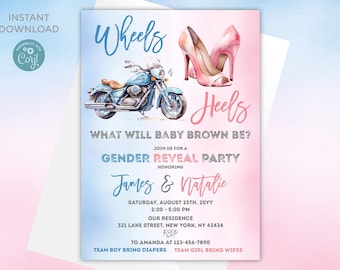 Heels or Wheels Gender Reveal Invitation: Editable Bike Theme (Digital Download, 5x7 in)