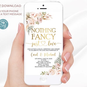 Invitación electrónica Nothing Fancy Just Love / Invitación de fiesta casual editable / Plantilla con flores boho de letras doradas / Descarga instantánea