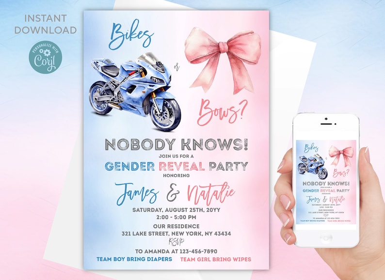 Bikes or Bows Gender Reveal Einladung: Bearbeitbare digitale Vorlage Bild 2