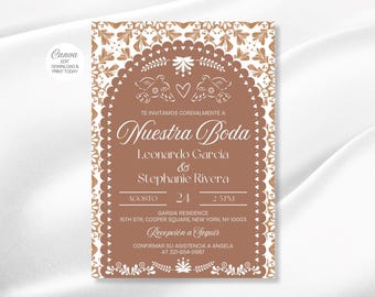 May include: A wedding invitation with a brown background and white decorative border. The invitation includes the text "Nuestra Boda" and details for Leonardo Garcia and Stephanie Rivera. The date is August 24th at 2:51 PM.