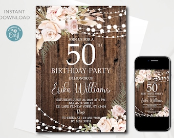 Boho Floral 50th Birthday Invitation Template (Digital Download)