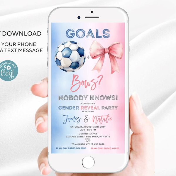 Editable Soccer Gender Reveal Invitation Template | Goals or Bows Invitations | Text Message Baby Shower Invite Editable | Instant Download