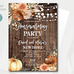 Bearbeitbare Herbst rustikale Housewarming Party Einladung Vorlage mit Herbstblumen und Kürbis