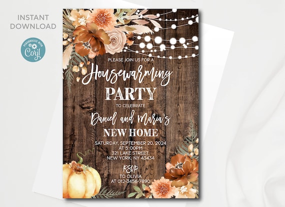 Editable Fall Rustic Housewarming Party Invitation template with autumn flowers and pumpkin