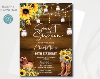 Western Rustic Sweet Sixteen Birthday invitation | Editable Digital template with sunflowers | Instant download