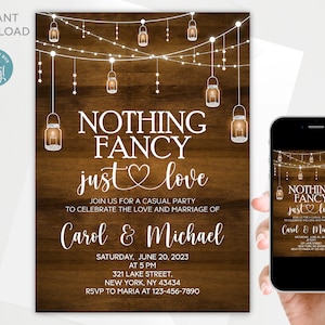 Editable Rustic Nothing Fancy Just Love invitation template, Rustic Mason jar Wedding Reception invitation, Instant Download