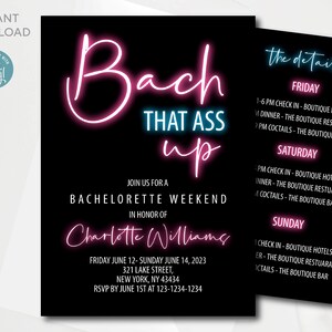 Editable Neon Bach That Ass Up Bachelorette Weekend Itinerary Template | All text is editable | Yourself editable Corjl | Instant download