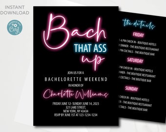 Editable Neon Bach That Ass Up Bachelorette Weekend Itinerary Template | All text is editable | Yourself editable Corjl | Instant download