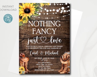 Sunflower Western Wedding Invitation Template: Cowboy & Cowgirl Reception (Instant Download)