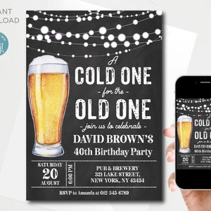 Plantilla de invitación de cumpleaños con cerveza en pizarra (descarga instantánea)