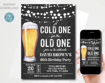 Editable A Cold One for the Old One Beer Invitation template, Adult Birthday Invitation, Chalkboard background, Instant Download