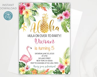May include: A tropical-themed birthday party invitation with a pink flamingo, pineapple, and floral designs. The text reads "Aloha Hula On Over To Party! Vivian is turning 5. Saturday, June 20, 2023 at 5 PM 321 Lake Street New York, NY 43434 RSVP to Amanda at 123-456-7890 Bring your swimsuit"