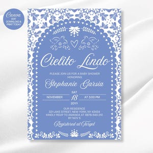 Invito per baby shower modificabile blu Cielito Lindo / Invito per baby shower messicano / Papel Picado modificabile / Download istantaneo / Canva