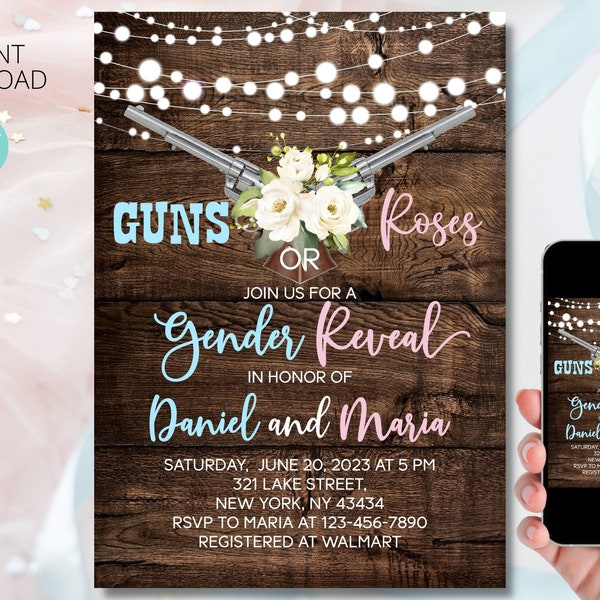 Editable Guns or Roses Gender Reveal Baby Shower Invitation Template | Yourself editable Corjl | Instant download