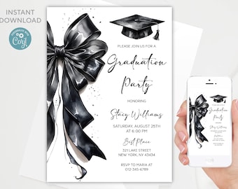 Black Bow Graduation Party Invitation Template (Digital Download)