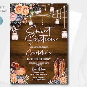 Western Rustic Sweet Sixteen Birthday invitation | Editable Digital template | Instant download