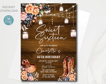 Western Rustic Sweet Sixteen Birthday invitation | Editable Digital template | Instant download