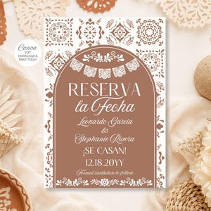May include: A rectangular wedding save the date card featuring a terracotta arch design with white tile patterns. The text reads RESERVA la Fecha, Leonardo Garcia & Stephanie Rivera, ¡SE CASAN!, 12.18.20YY, and Format invitation to follow.