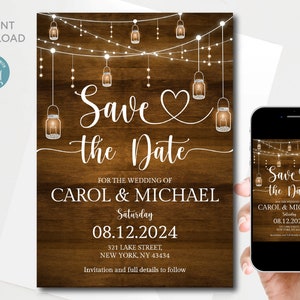 Editable Rustic Save the Date template, Rustic Mason jar Save the Date invitation, Instant Download