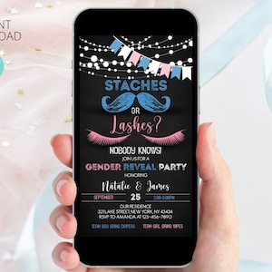 Staches or Lashes Gender Reveal Invitation | Editable Digital Template | Staches or Lashes Text Message Baby Shower Invite |Instant Download