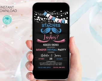 Staches or Lashes Gender Reveal Invitation | Editable Digital Template | Staches or Lashes Text Message Baby Shower Invite |Instant Download
