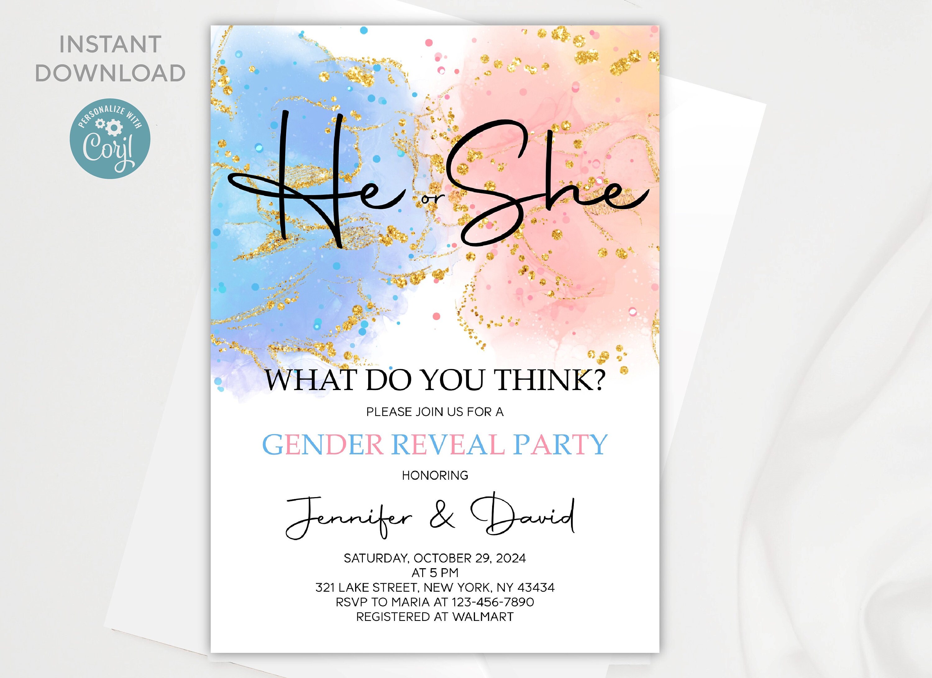 Editable He or She Gender Reveal Invitation Template (digital Download ...