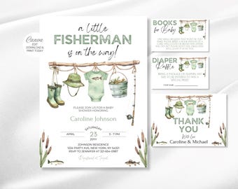 Little Fisherman Baby Shower Invitation Bundle: Editable Fishing Theme (Digital Download, Canva template)