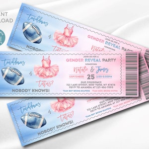 Bearbeitbare Touchdowns oder Tutus Gender Reveal Ticket Einladung | Digitale Vorlage | Touchdowns oder Tutus Einladung | Blau oder Pink | Druckbar