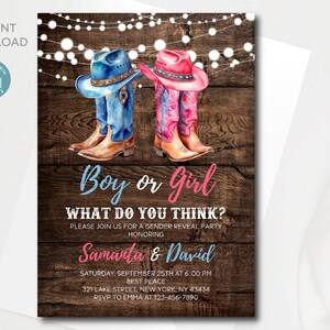 Western Boy o Girl Gender Reveal Baby Shower Invitation / Modello modificabile da cowboy o cowgirl / Tutto il testo è modificabile / Download istantaneo