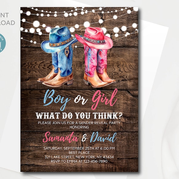 Western Boy or Girl Gender Reveal Baby Shower Invitation | Editable Cowboy or Cowgirl Template | All text is editable | Instant Download