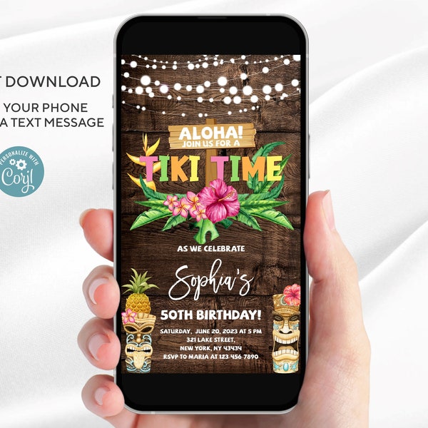 Electronic Editable Tiki Time Birthday Invitation template | Tiki Luau Hawaiian Birthday Invitation | Any age | Instant Download