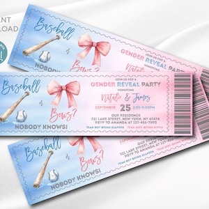 Bearbeitbare Baseballs oder Bögen Gender Reveal Ticket Einladung | Digitale Vorlage | Baseball oder Bögen Einladung | Blau oder Pink | Druckbar