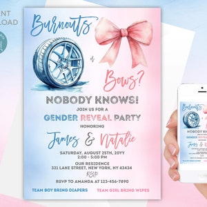 Editable Burnouts or Bows Gender Reveal Invitation (Digital) image 1