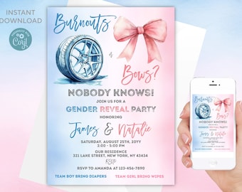 Editable Burnouts or Bows Gender Reveal Invitation digital template | Wheels or Bows Invitation | Blue or Pink | Boy or Girl | Printable