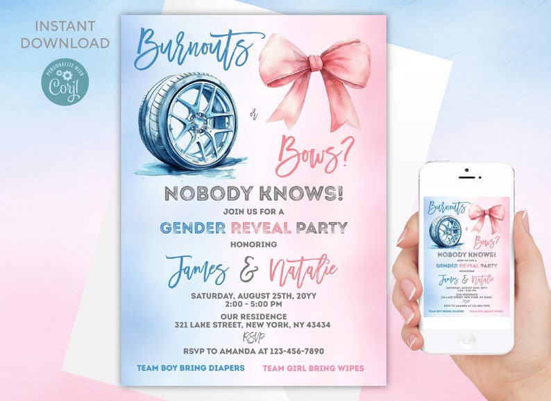 Editable Burnouts or Bows Gender Reveal Invitation (Digital) image 1