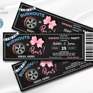 Ausbrenner oder Bögen Gender Reveal Ticket Einladung | Digitale Vorlage | Ausbrenner oder Bögen Einladung | Blau oder Pink | Bearbeitbar Druckbar