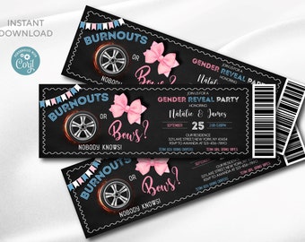 Burnouts or Bows Gender Reveal ticket Invitation | Digital template | Burnouts or bows Invitation | Blue or Pink | Editable Printable