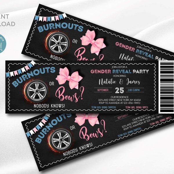 Burnouts or Bows Gender Reveal ticket Invitation | Digital template | Burnouts or bows Invitation | Blue or Pink | Editable Printable